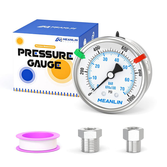 MEANLIN MEASURE 0~1000Psi Stainless Steel Liquid Filled Pressure Gauge 2.5" FACE DIAL 1/4" NPT for WOG Water Oil Air Back Mount with Stainless Steel Hex Bushing and Snaps