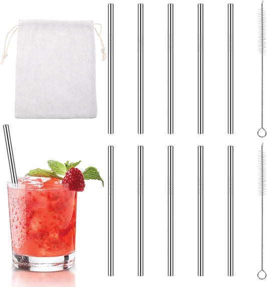 10 Pack 4.7 Inch Short Metal Cocktail Straws Reusable Stainless Steel Straws Drinking Straws Steel Straws Drinking with Cleaning Brush for Coffee Mugs, Small Glasses or Cups