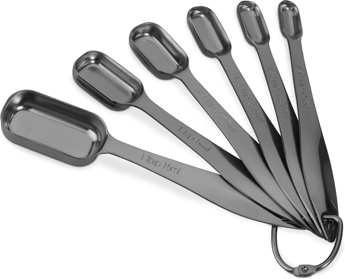Accurate 18/8 Stainless Steel Measuring Spoons, Heavy Duty Good Handle Set of 6 Measuring Spoon with Ring Connector, Dark Grey