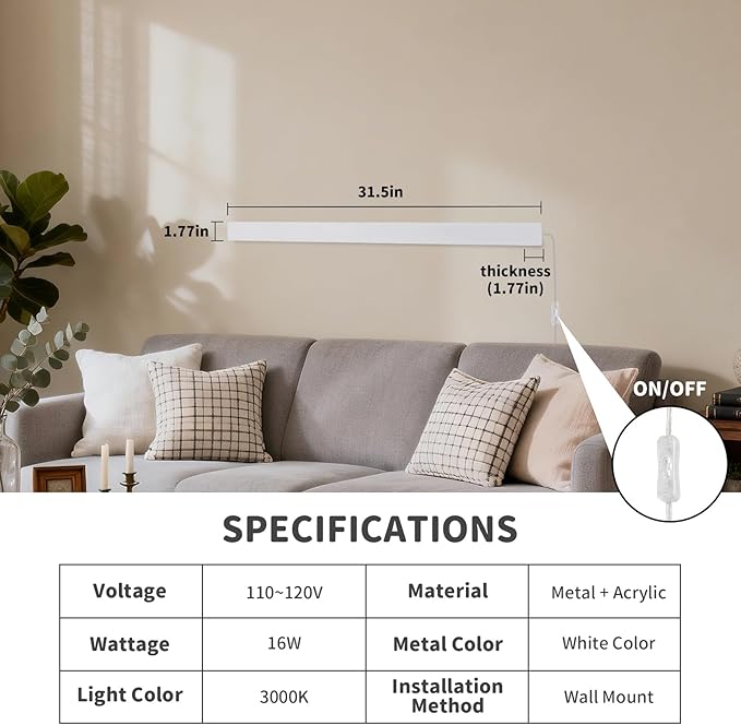 KELUOLY Modern Plug in Wall Lights, 31.4 inch Frosted White LED Long Wall Sconce - Image 3