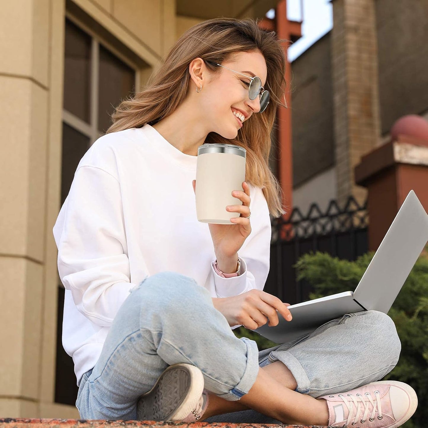 VEGOND Stainless Steel 12 oz Tumblers bulk Vacuum Insulated Double Wall Travel Tumbler with Lid and Straw Reusable Tumbler,Beige 12 pack