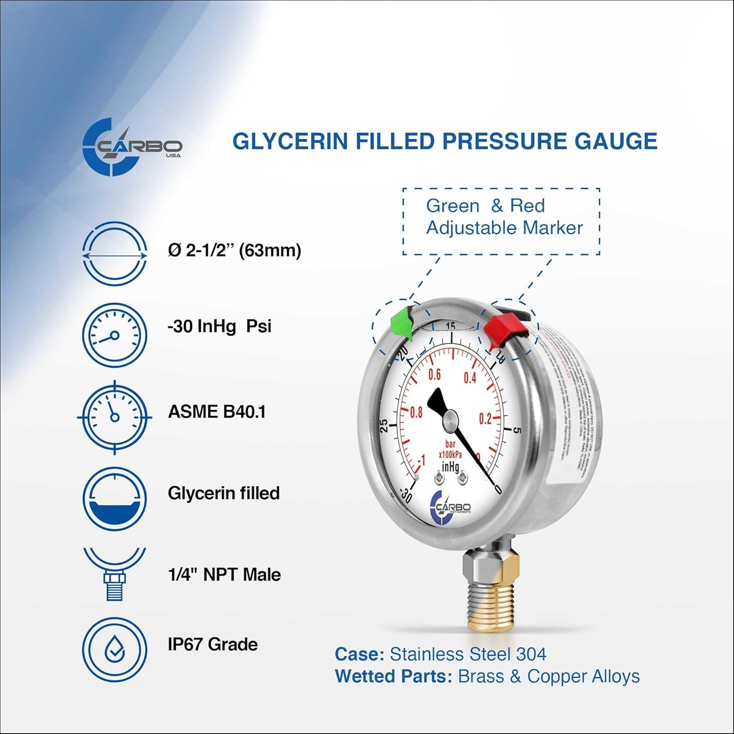 Stainless Steel Pressure Gauge Dual Display (-30 Hg/0 psi/kPa) -2 1-2" Glycerine Liquid Filled Water Air Oil Gas Gauge with Polycarbonate Lens & Brass Connection-1/4 NPT Lower Mount