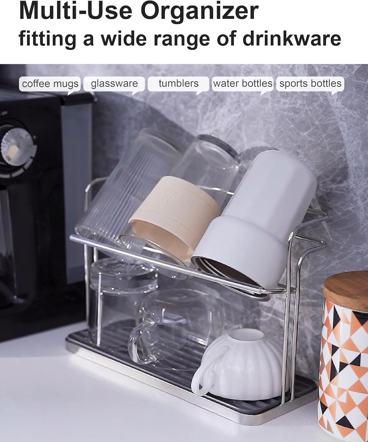 Stainless Steel Cup & Water Bottle Drying Rack with Removable Drip Tray, 2-Tier Space-Saving Mug Holder for Kitchen Countertop, Durable Rust-Resistant Cup Organizer for Coffee Mugs, Glasses, Tumblers