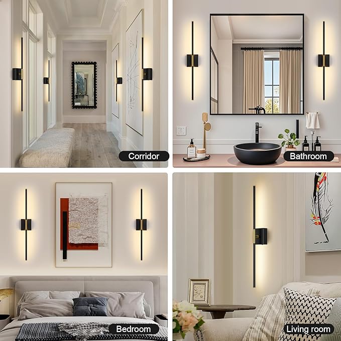 Wall Sconces Set of Two with Remote Control 29.1 in Dimmable Black Gold Battery - Image 7