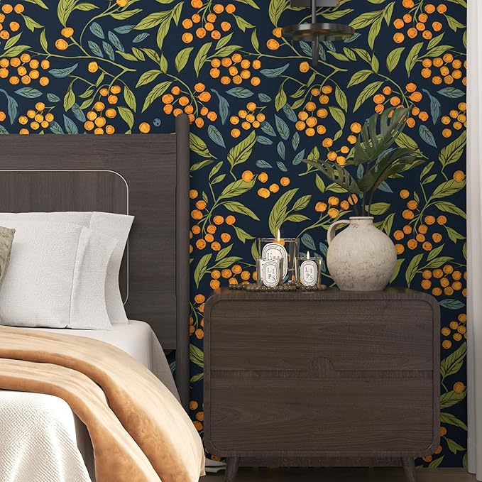 BOKEBEVE Blue Orange Green Wallpaper Peel and Stick Boho Leaves Floral Contact - Image 4