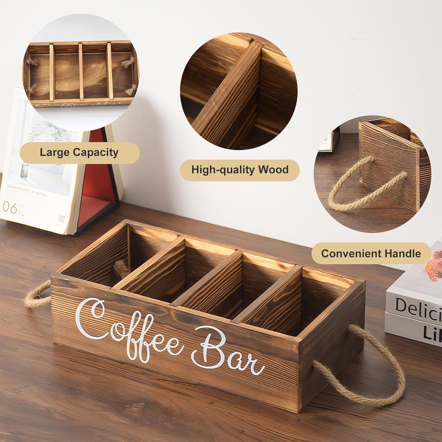 Wooden Coffee Pod Holder Coffee Station Organizer for Countertop Kcup Storage with Removable Dividers Bar Accessories Table Decor Tea Condiment Storage Box