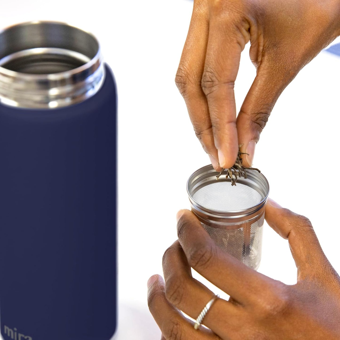 MIRA 18 oz Tea Infuser Thermos - Stainless Steel Travel Bottle with Removable Strainer for Loose Leaf Tea - Insulated Hot & Cold Brew Steeper - Marine