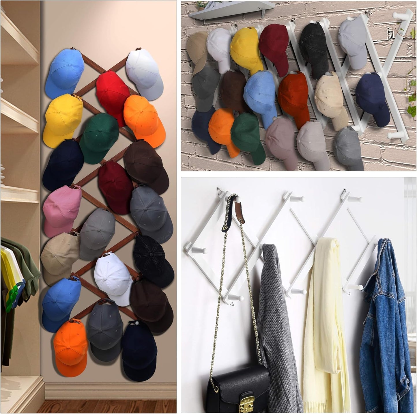 Dseap Accordian Wall Hanger: 16” High Wooden Wall Expandable Coat Rack, Hat Rack Holder, Accordion Hook for Baseball Caps, Coats, Mugs, 14 Peg Hooks, White