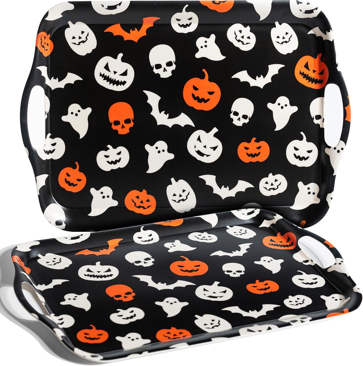 Oasis Choice 2-Pack Halloween Bamboo Fiber Serving Trays - 18x13 Inch Large Platters w/Handles for Horror Party, Birthday,BBQ, Buffet - Pumpkin, Bat & Skeleton Decor (Spooky Black, 18inch)