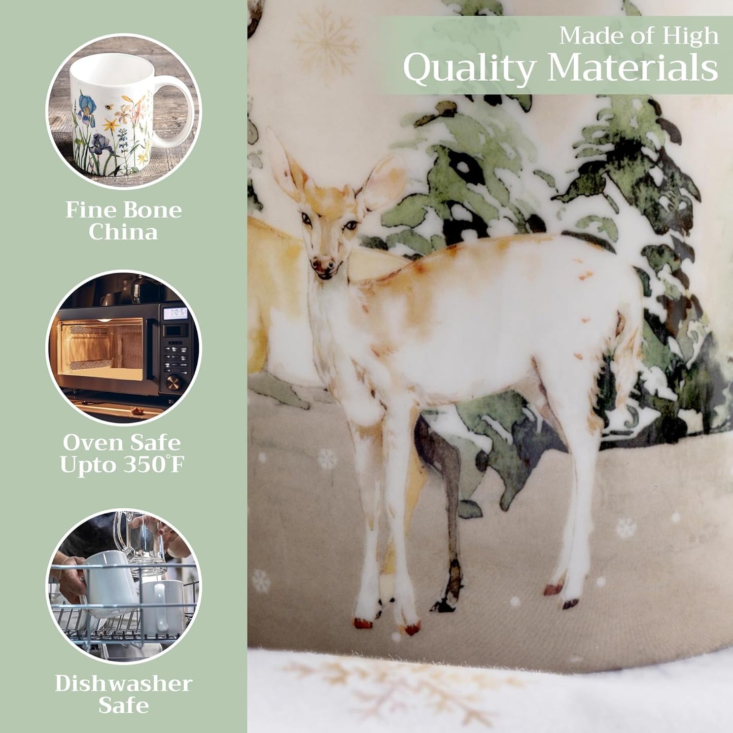 Maison d' Hermine Coffee Mug with Handles Fine Bone China Mugs Pack of One Tea Cups for Hot Beverages Cappuccino Latte Home Office Perfect for Gift (Deer In The Woods - Forest Deer, 12 Ounce)