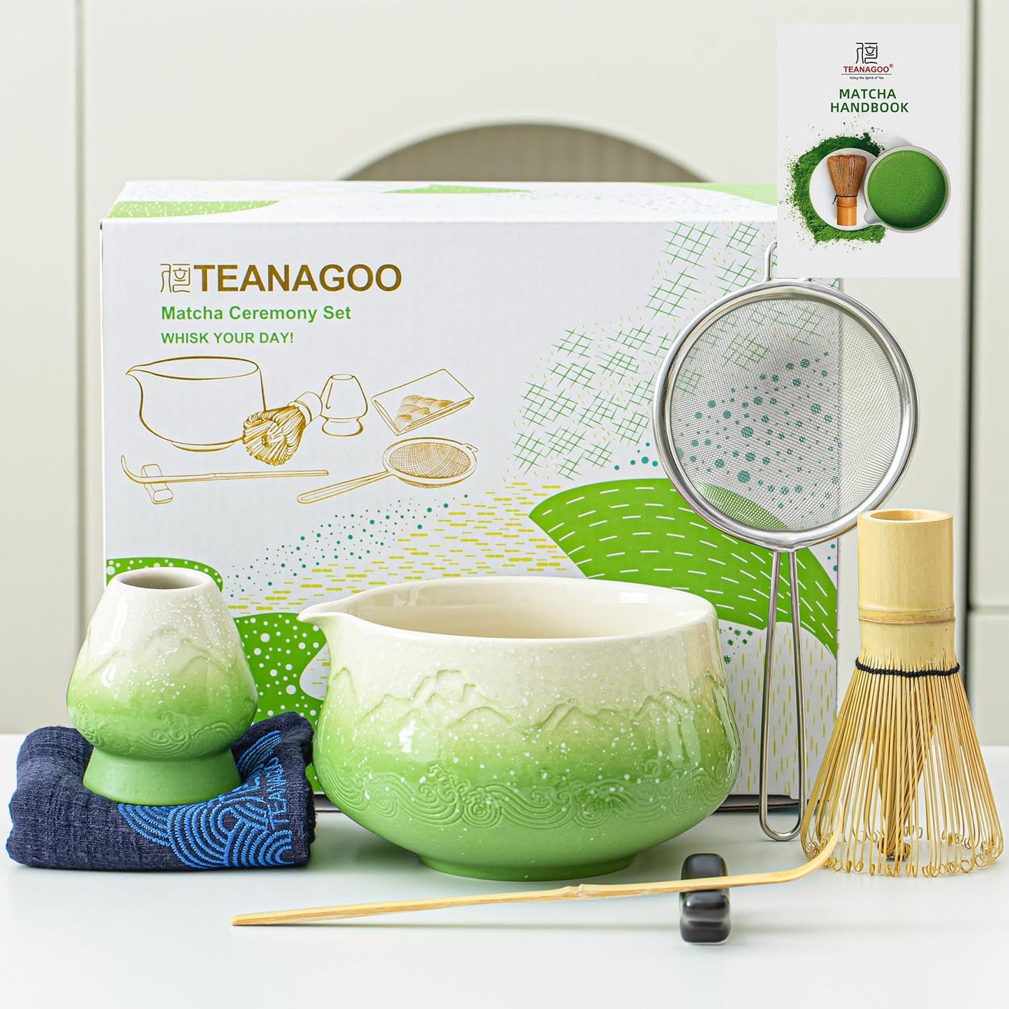 TEANAGOO 7 Pcs Matcha Whisk Set,Green Matcha Set, Ceremony Matcha Powder Kit,Matcha Tea Set for Making Latte,Matcha Whisk Set and Bowl with Scoop&Sifter,Fuji Design Ceramic Bowl,Gift for Matcha Lovers