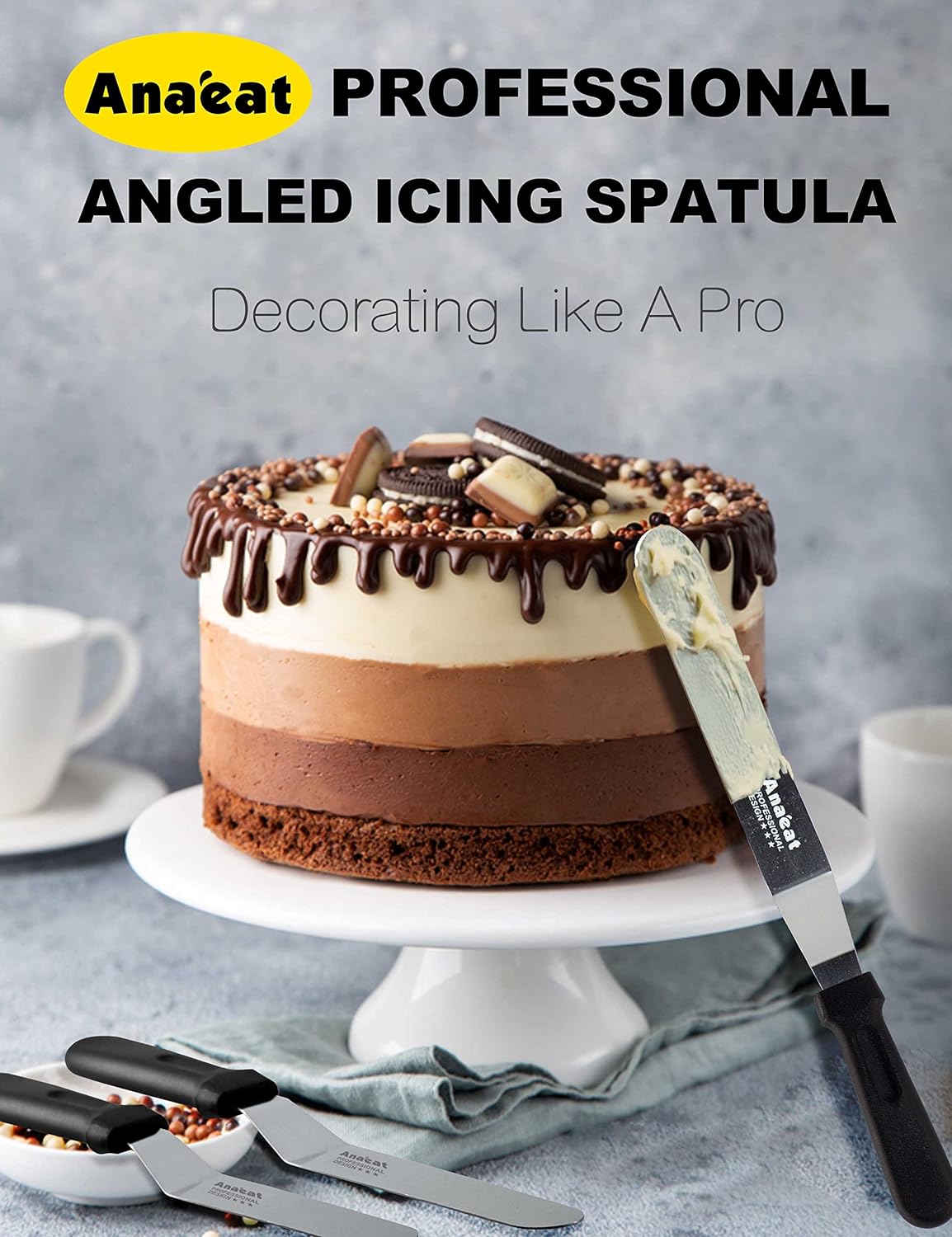 Anaeat Icing Spatulas, Set of 3 Professional Cake Angled Offset Spatula with 4", 6", 8" Stainless Steel Blades - Thickened Frosting Knife with Plastic Handle for Cake Decorating, Pastry & Baking
