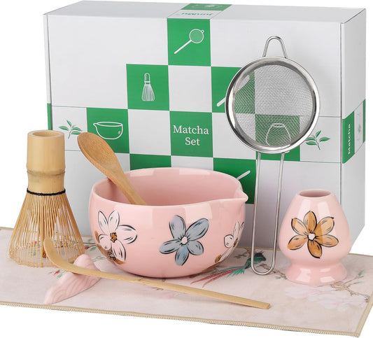 Matcha Whisk Set Pink,8pcs Matcha Set Whisk And Bowl,Matcha Kit With Bamboo Whisks,Ceramic Matcha Bowl,Sifter,Scoop,Holder,Towel,Stand,Spoon,Unique Gift for Japanese Tea Lover