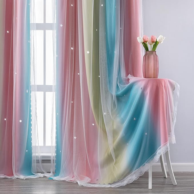 XiDi Curtains for Bedroom Decor, Rainbow Pink-Blue-34-45 - Image 5