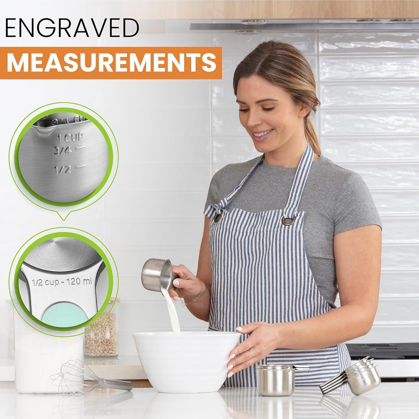 Spring Chef Magnetic Stainless Steel Measuring Cups (Patent Pending), Kitchen Tools with Easy to Read Markings for Measuring Dry or Liquid Ingredients, Set of 7, Mint