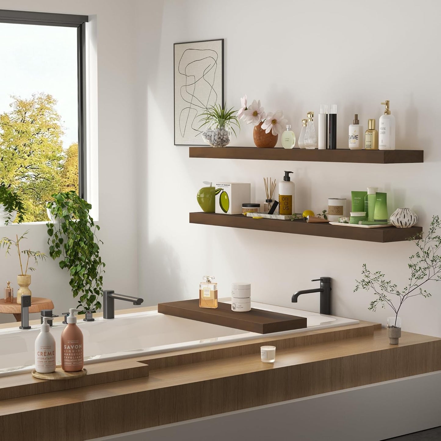 Vivelove Solid Wood Rustic Floating Shelves 36 Inch Long, 8 inch Deep Floating Wall Shelves for Living Room Kitchen Bedroom Bathroom Office, Farmhouse Home Decor, 1 Pack, Dark Walnut, Pine Wood