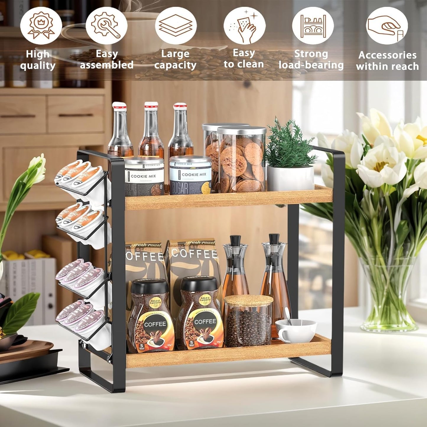 LEMIKKLE Coffee Station Organizer for Counter,Condiment Storage Caddy for Kitchen,2 Tier Wooden Shelf for Coffee Bar Accessories,Coffee Bar Organizer for Kitchen, Home, Office-Brown