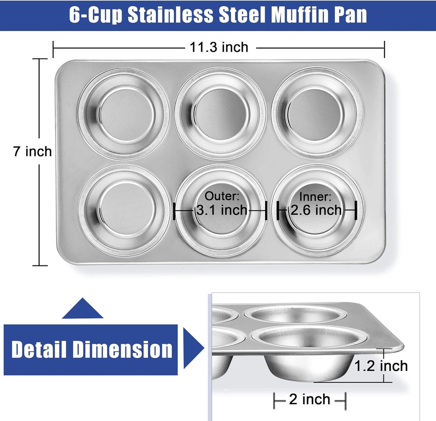 TeamFar Muffin Pan, 6 Cup Muffin Pan for Baking, Cupcake Pan Muffin Tin Tray Set Stainless Steel for Making Cakes Cornbread Quiche and More, Healthy & Durable, Oven & Dishwasher Safe
