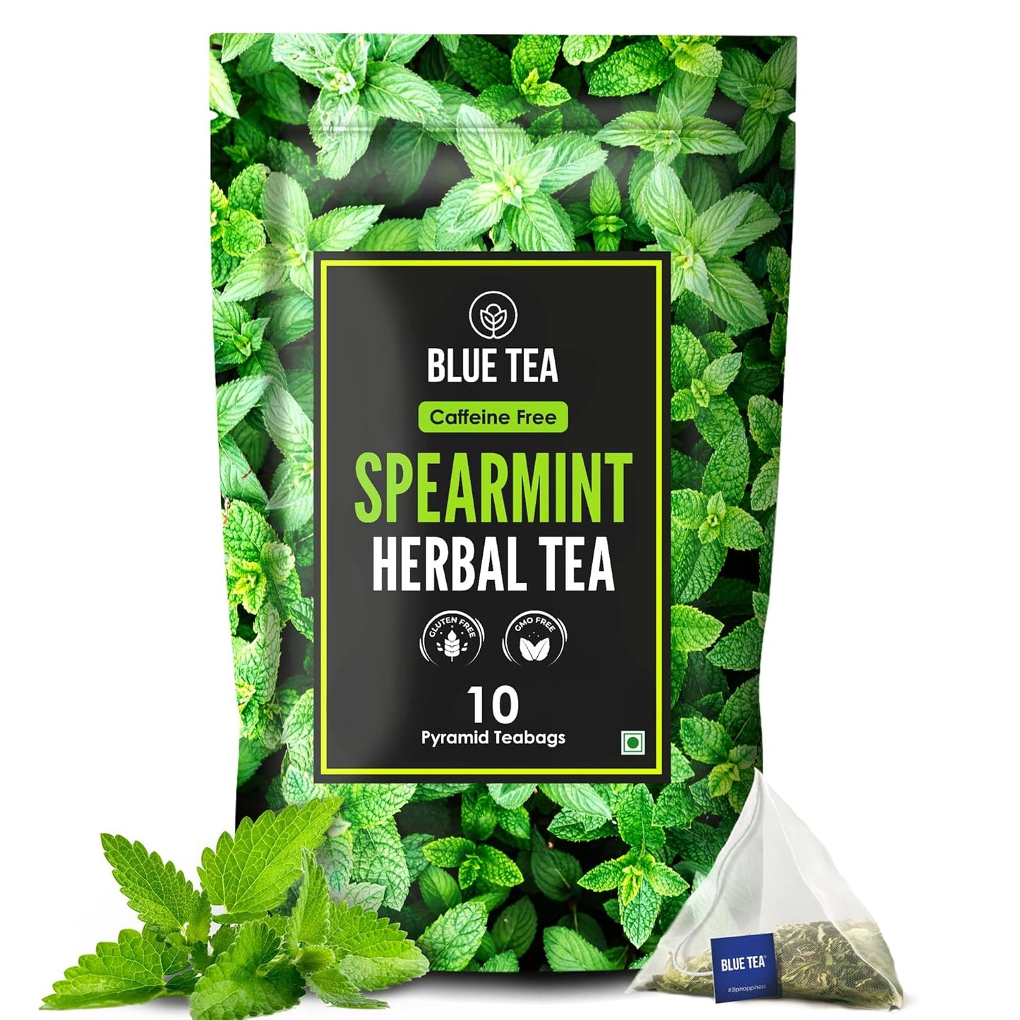 BLUE TEA - Spearmint Tea - 10 Count - Pyramid Plant Based Tea Bag | PCOS RELIEF | Balances Hormones - Support Digestion | Refreshing Flavour - Herbal Tea - Leaf Based - Caffeine free | Ziplock Pouch