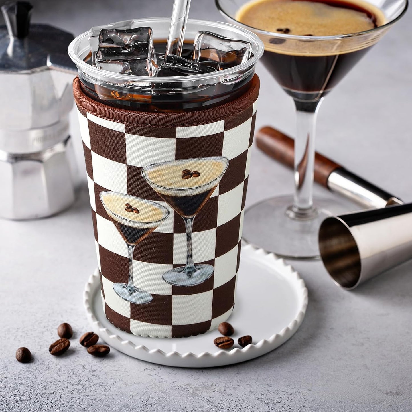 8 Pcs Reusable Sleeves for Iced Coffee Cup Pink Bow Cup Coolie Espresso Martini Reusable Coffee Insulator Sleeves Neoprene Insulated Holder for Iced & Hot Drinks, 22-24 oz