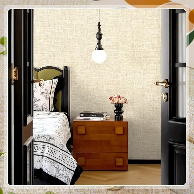 Amiya Grasscloth Cream Wallpaper 17.3"x120" Peel and Stick Beige Faux Fabric - Image 9