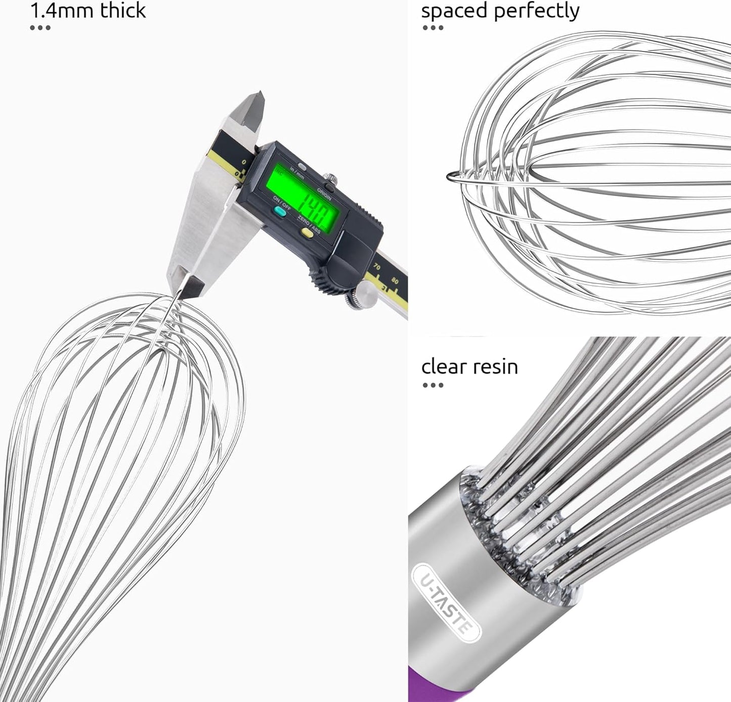 U-Taste Balloon Whisk for Cooking: 18/10 Stainless Steel Kitchen Wire Whisk, 12in Large Heavy Duty Egg Beater, Manual Mixing Tool with 12 High Flex Wires for Stirring, Blending Sauce (Purple)