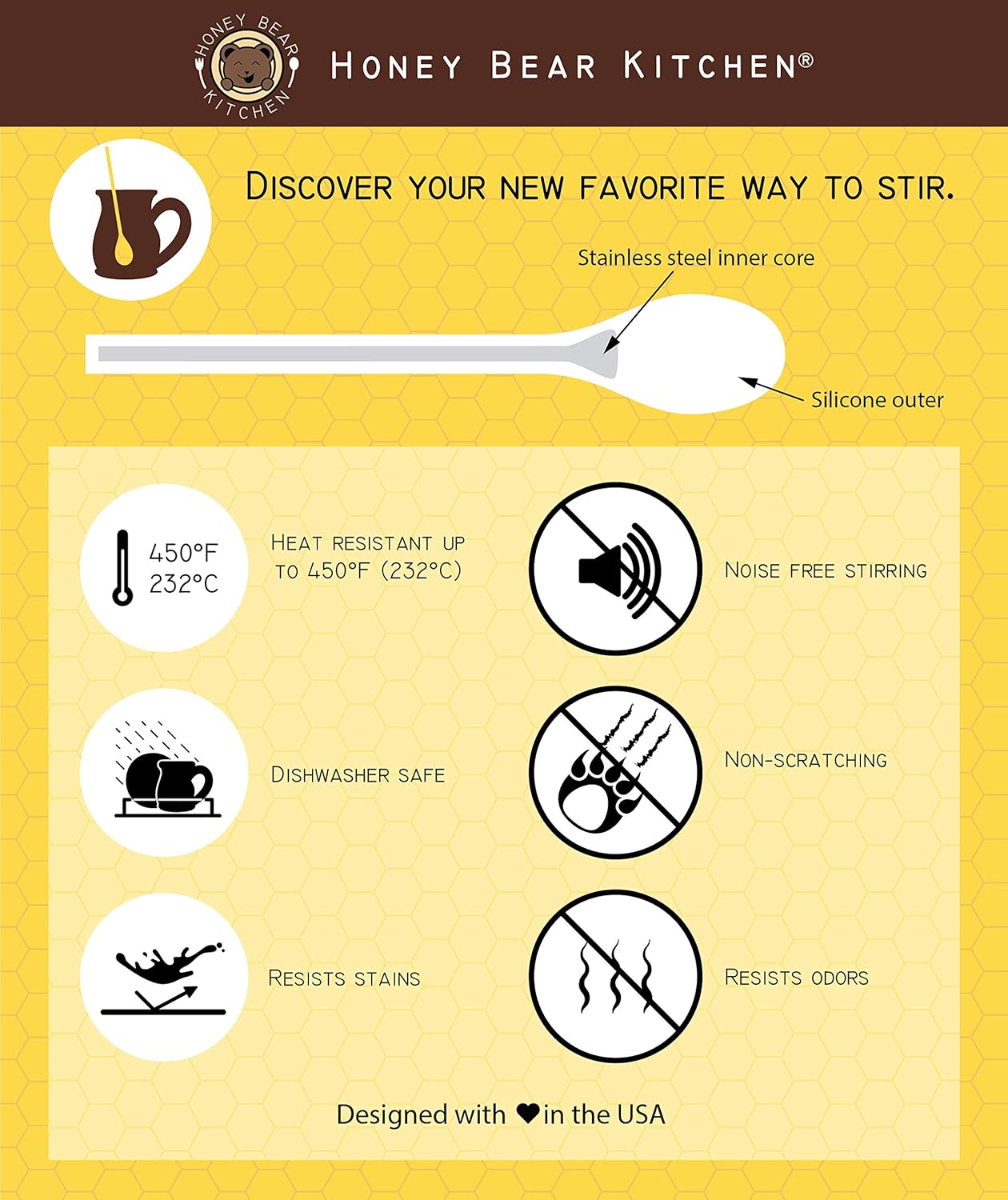 Honey Bear Kitchen Silicone Stirring Spoon (Set of 2, Cornflower Blue) for Coffee & Tea