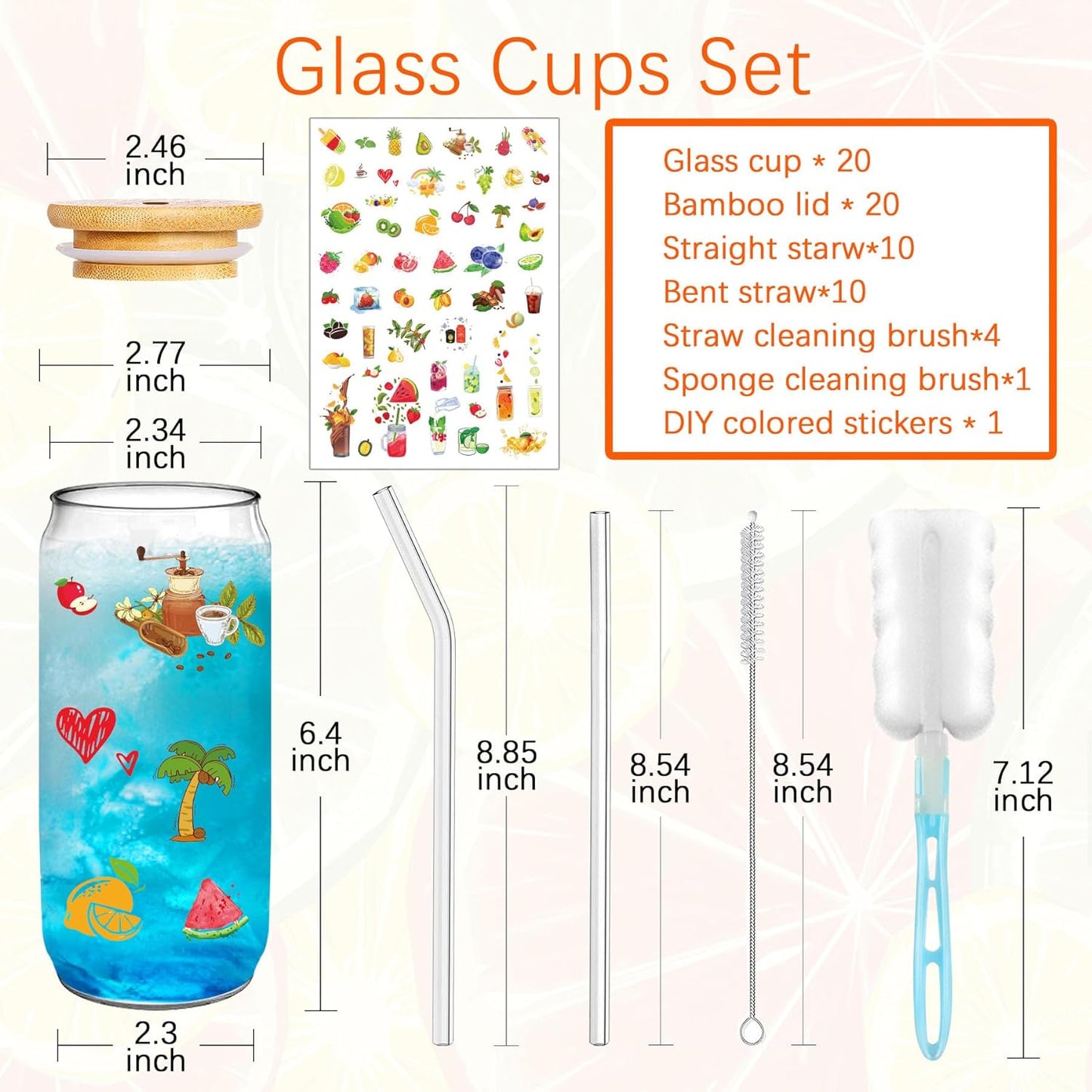 Glass Cups with Lids and Straws 20 Pcs 16 oz Ice Coffee Cup Skinny and Long Can Beer Cups Set Drinking Glasses with Bamboo Lids Reusable Glass Cups Ideal for Smoothies & Beverages