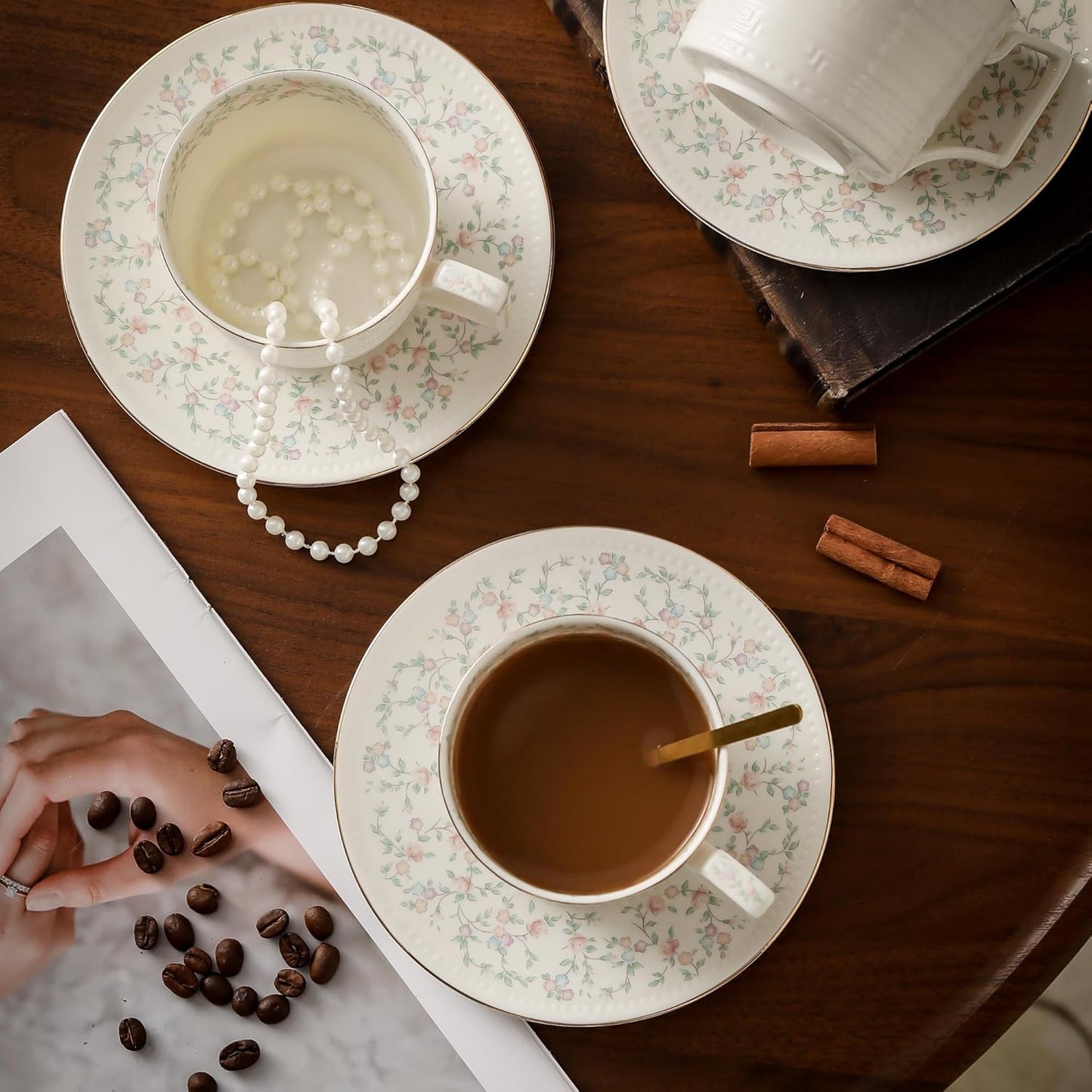 8.8 oz Cappuccino Cups with Saucers and Spoons,Embossed Bone China tea cups and Saucer Sets,3 Pieces, Vintage Style,Coffee Cup & Saucer Set For Women Wedding/Birthday/Christmas Gift