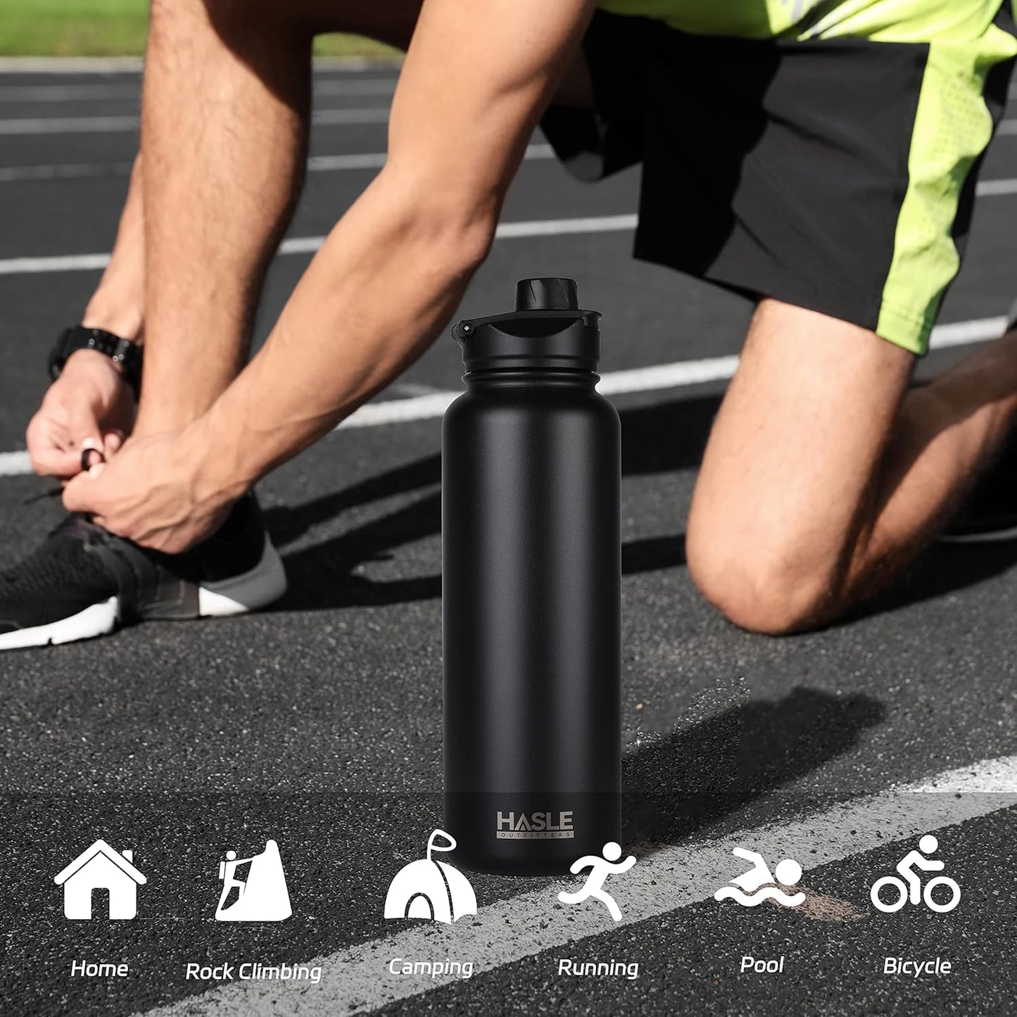 HASLE OUTFITTERS 40oz Stainless Steel Water Bottle, Vacuum Insulated Double Walled Leak Proof Sports Water Bottle with 2 Lids (Straw and Spout Lid) Thermo Mug Keep Cold and Hot(Black,4)