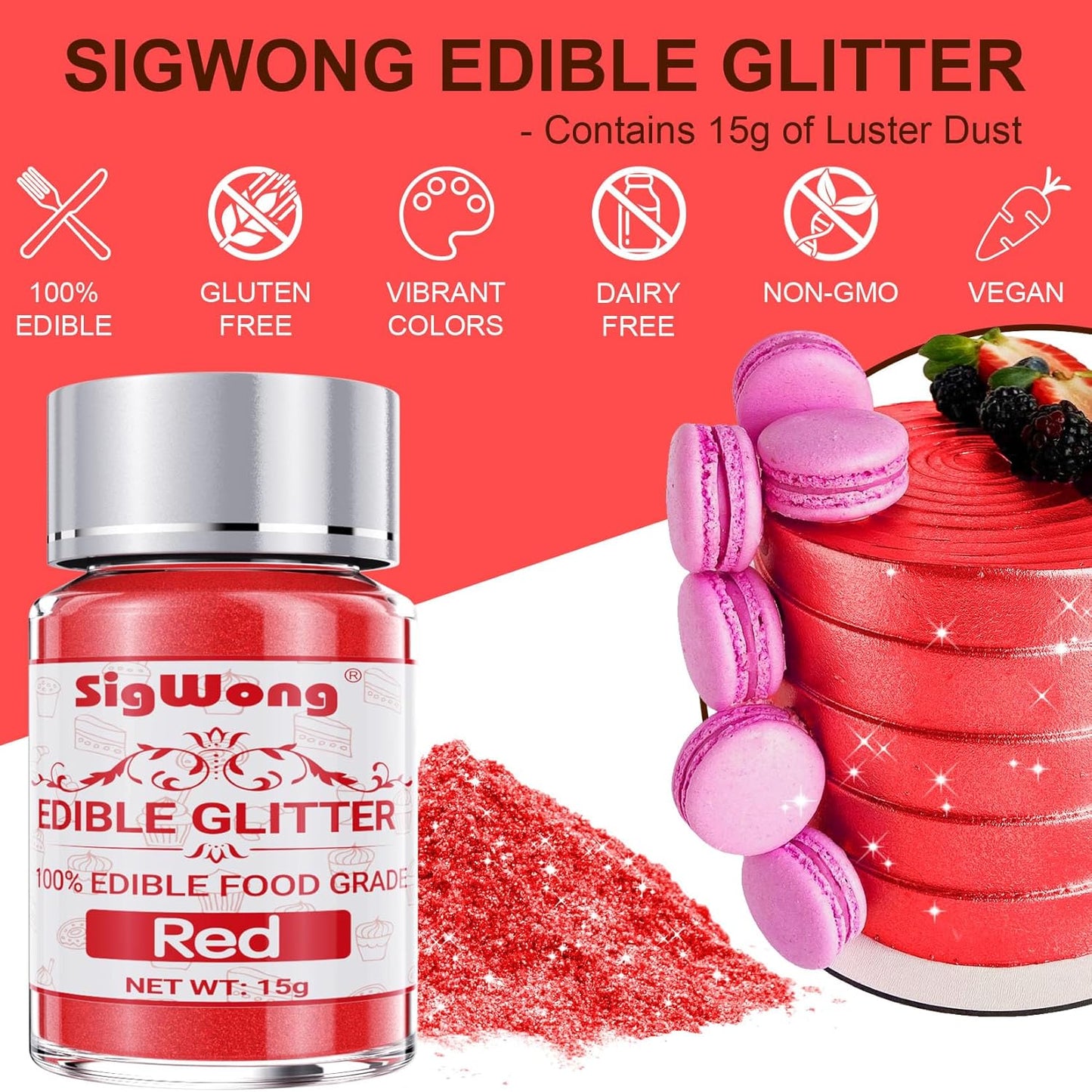 Red Edible Glitter - 15g Food Grade Luster Dust Powder, Cake Decorating Sprinkle Glimmery Dust for Drinks, Wine, Fondant, Chocolate, Candy, Cookie, Vegan