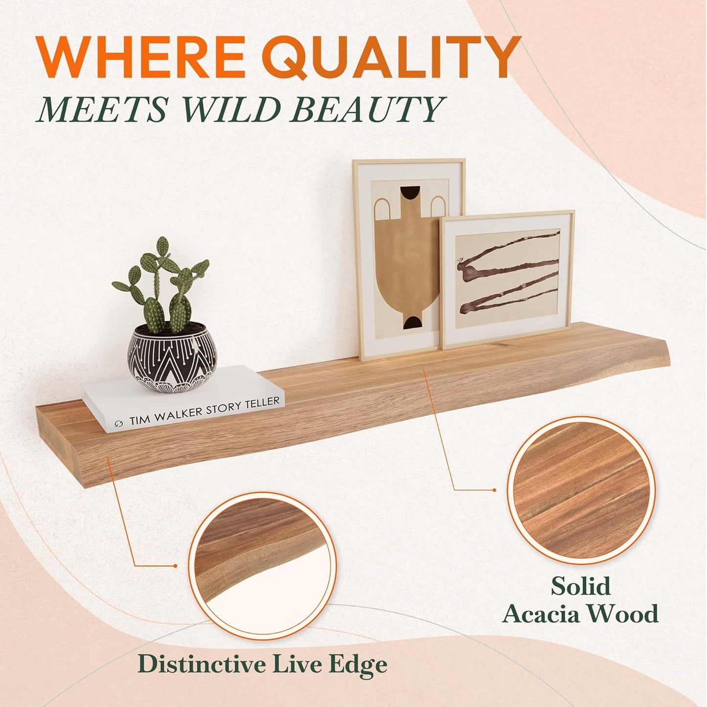 36" Acacia Live Edge Floating Shelves Set of 2 - Wall Mounted Wooden Shelf for Stylish Home Décor - Teak Look Color 36x7.5x1.5 Inches