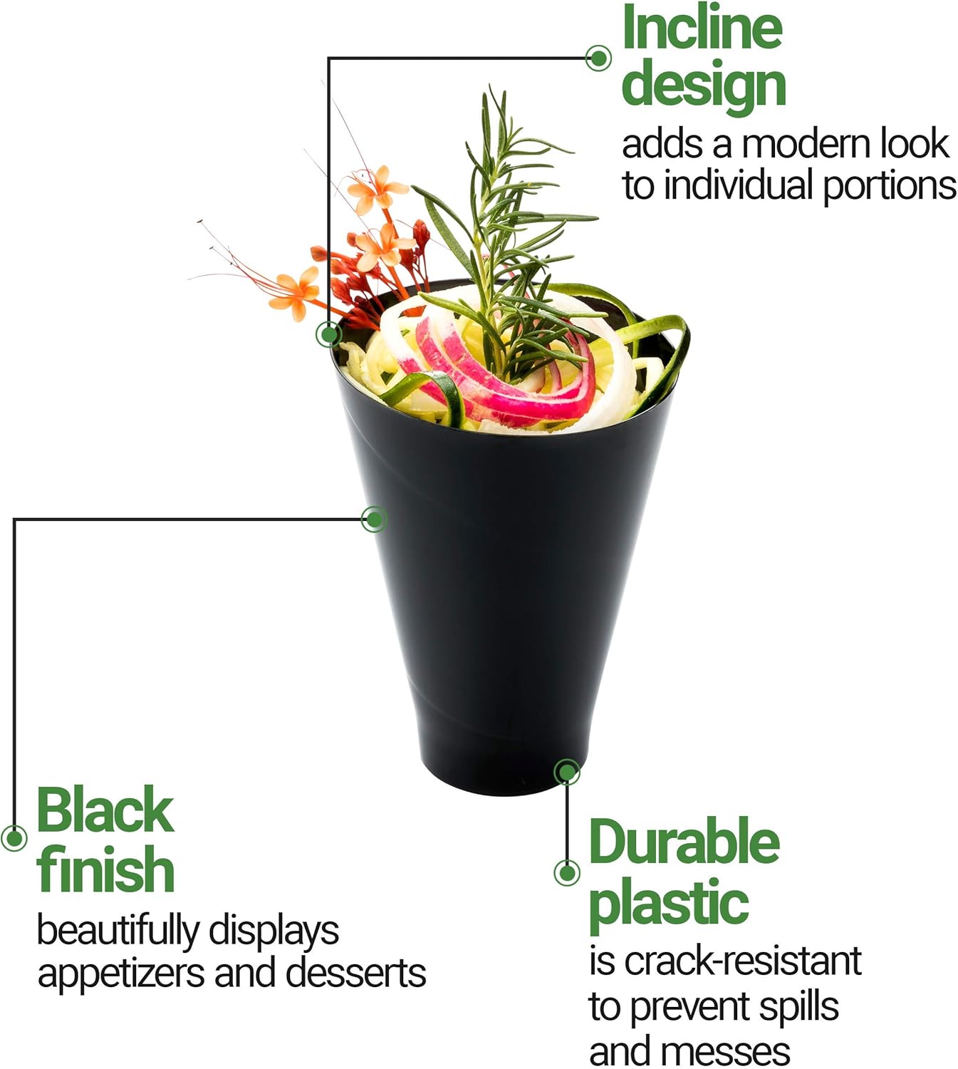 Restaurantware 7 Ounce Plastic Glasses 100 Round Incline Shooter Cups- Disposable Sturdy Black Plastic Round Bowls Unique Design For Soups Appetizers Or Desserts