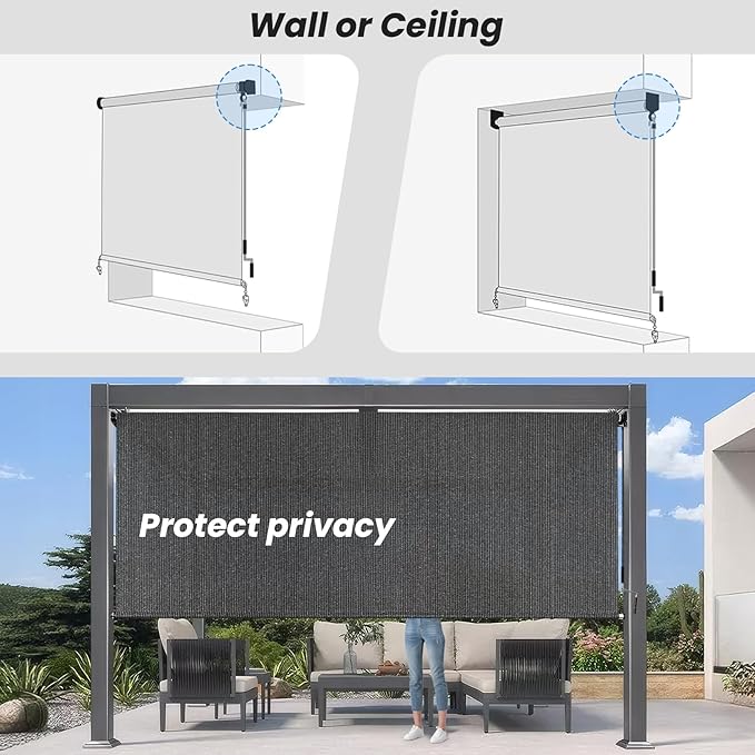 8'W x 6'H Gray Patio Shades Roll up Outdoor Roller Shade Crank Wand Blind - Image 6
