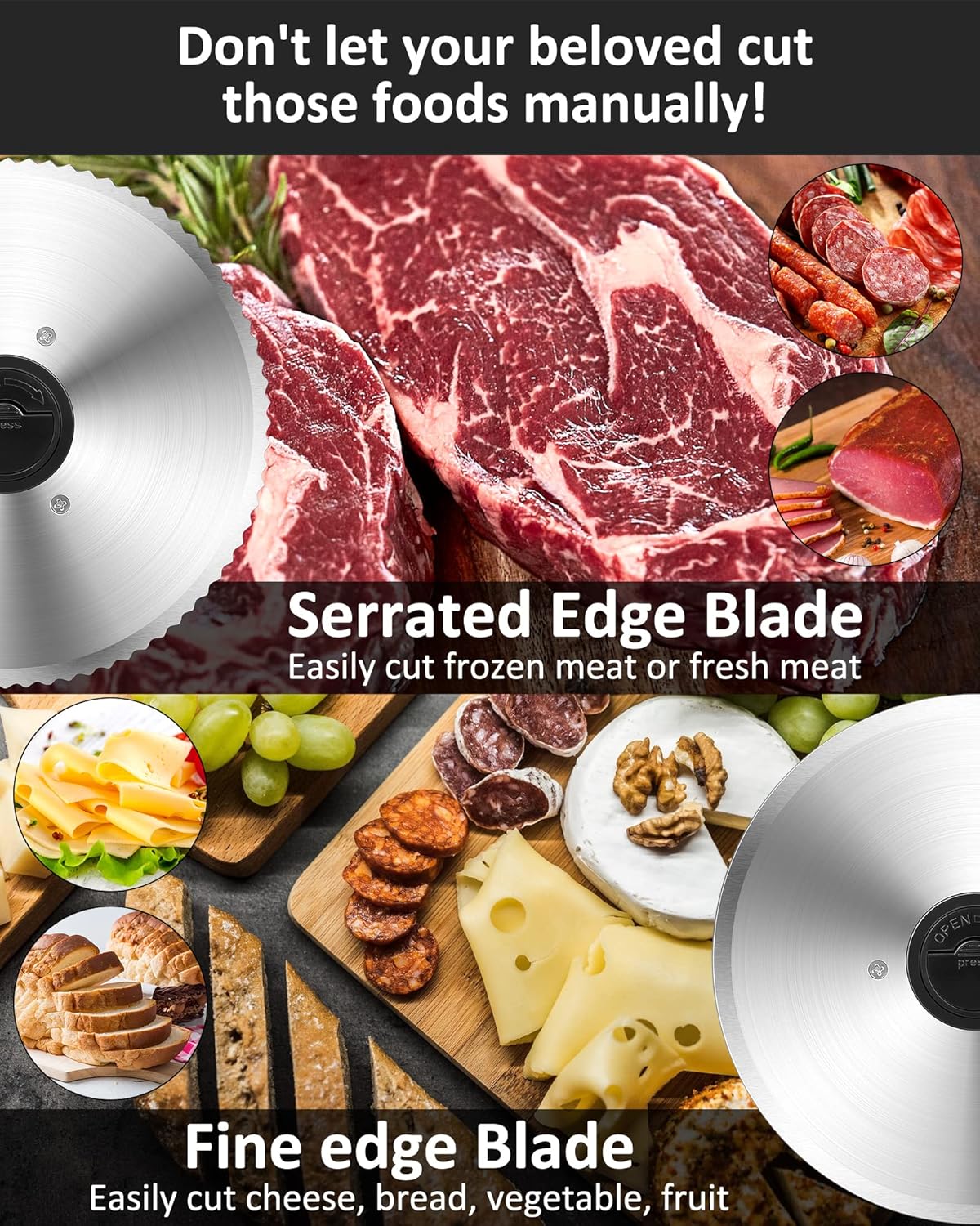 Meat Slicer, 200W Electric Deli Food Slicer with 2 Removable 7.5'' Stainless Steel Blades and Tray, Adjustable Thickness for home use,Child Lock Protection,Easy to Clean,Cuts Meat, Bread and Cheese