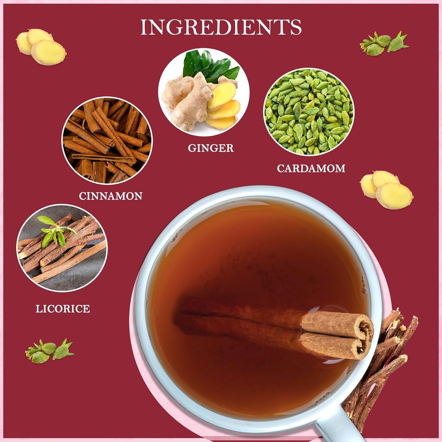 Tealeaf & Co. Licorice Root Tea Blended with Organic Spices - Pure Herbal Tea Bags with Cardamom, Ginger, Cinnamon Sticks & Licorice Root Extract - Low Caffeine - Gluten Free - 50 Teabags