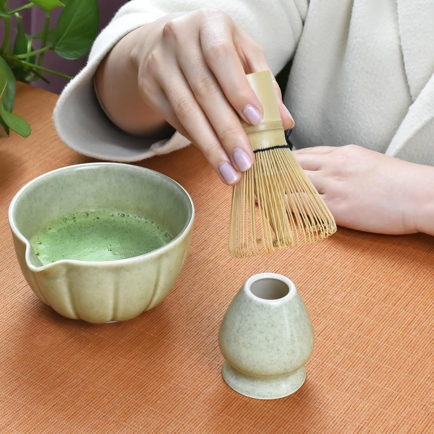 Artcome 4 Pcs Japanese Matcha Tea Set - Matcha Bowl with Pouring Spout, Matcha Whisk, Tea Scoop, Whisk Holder, Handmade Matcha Ceremony Kit For Japanese Tea Ceremony, Mottled Green