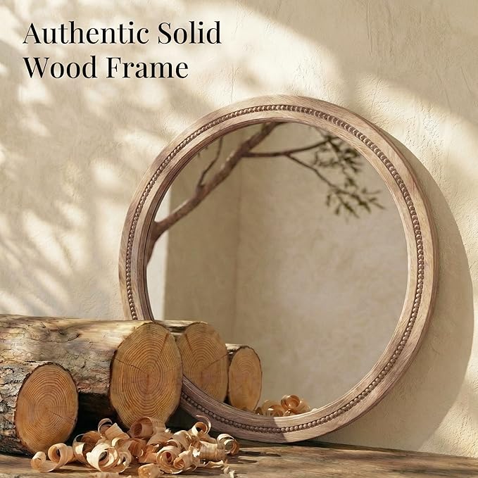 36" Large Round Wood Mirror for Living Room Fireplace, Big Solid Wood Wall - Image 4
