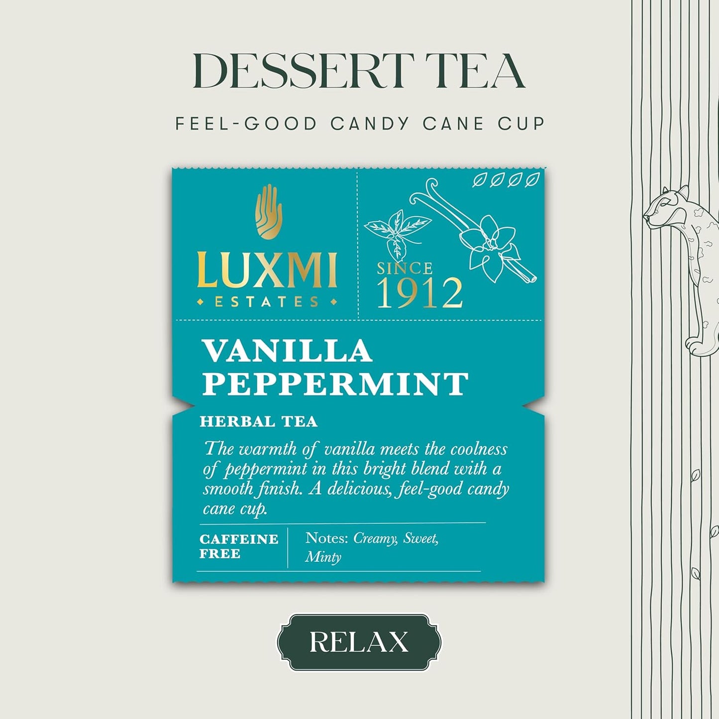 Luxmi Estates Vanilla Peppermint Organic Peppermint Tea (50 Tea Bags) Caffeine Free Tea Bags For Relaxing, Calming, and Stress Relief, With Certified Organic Herbal Tea