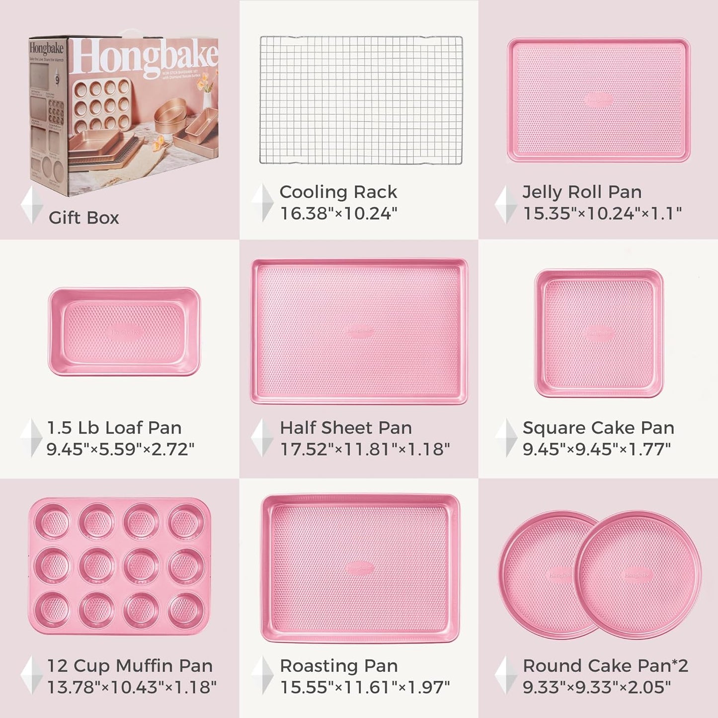 HONGBAKE 9-Piece Baking Pans Set Nonstick, Stackable Non Toxic Bakeware Sets with Diamond Texture, Oven Pan Set for Cooking, Includes Cookie Sheet with Rack, Cake Pan, Roasting Pan, Muffin Tin, Pink