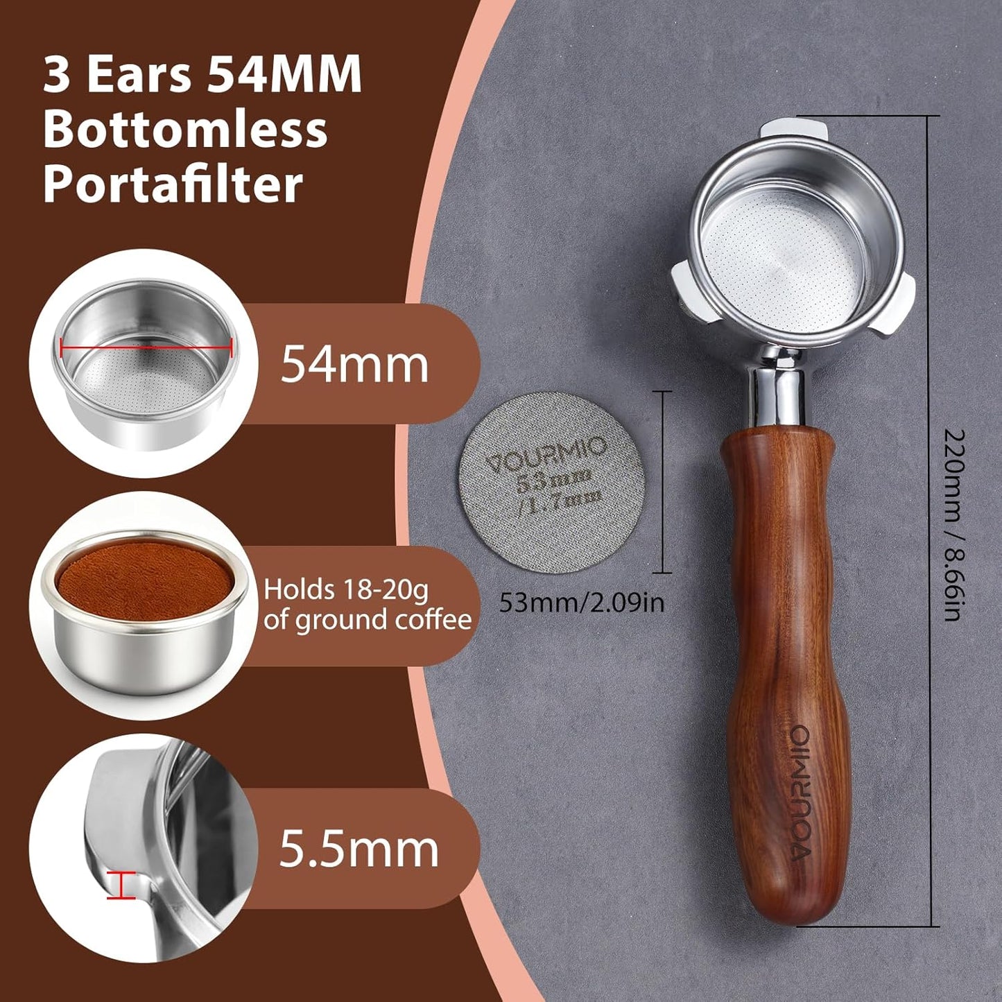 54mm Bottomless Portafilter - Breville Compatible Naked Portafilter, Rosewood Handle & 18-20g Filter Basket & Puck Screen Included, Fits Barista Express, Pro, Touch, Bambino Plus, Infuser