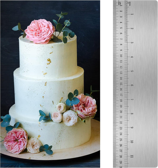 Nuenen 12 Inches Stainless Steel Cake Scraper with Scale Cake Edge Smoother Decorating Comb Baking Scraper Tool for Baking Measuring Buttercream Home Kitchen Accessory