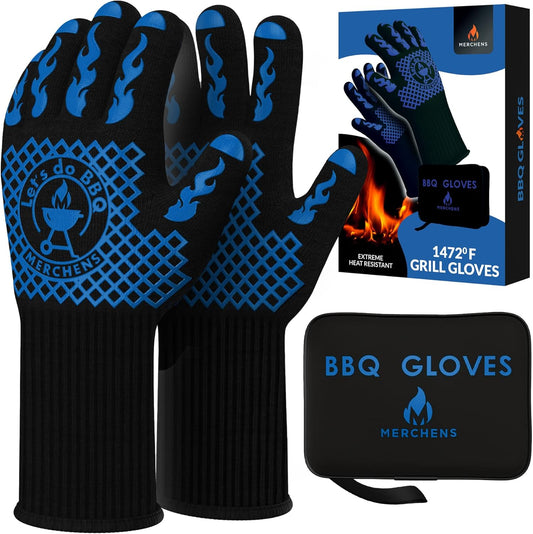 Pro-Series BBQ Gloves - Heat Resistant Grill, Grilling, and Oven Gloves for Culinary Experts - Extreme Fireproof Protection, Silicone Grip, Extra Long Mitts - Indoor & Outdoor - with Protective case