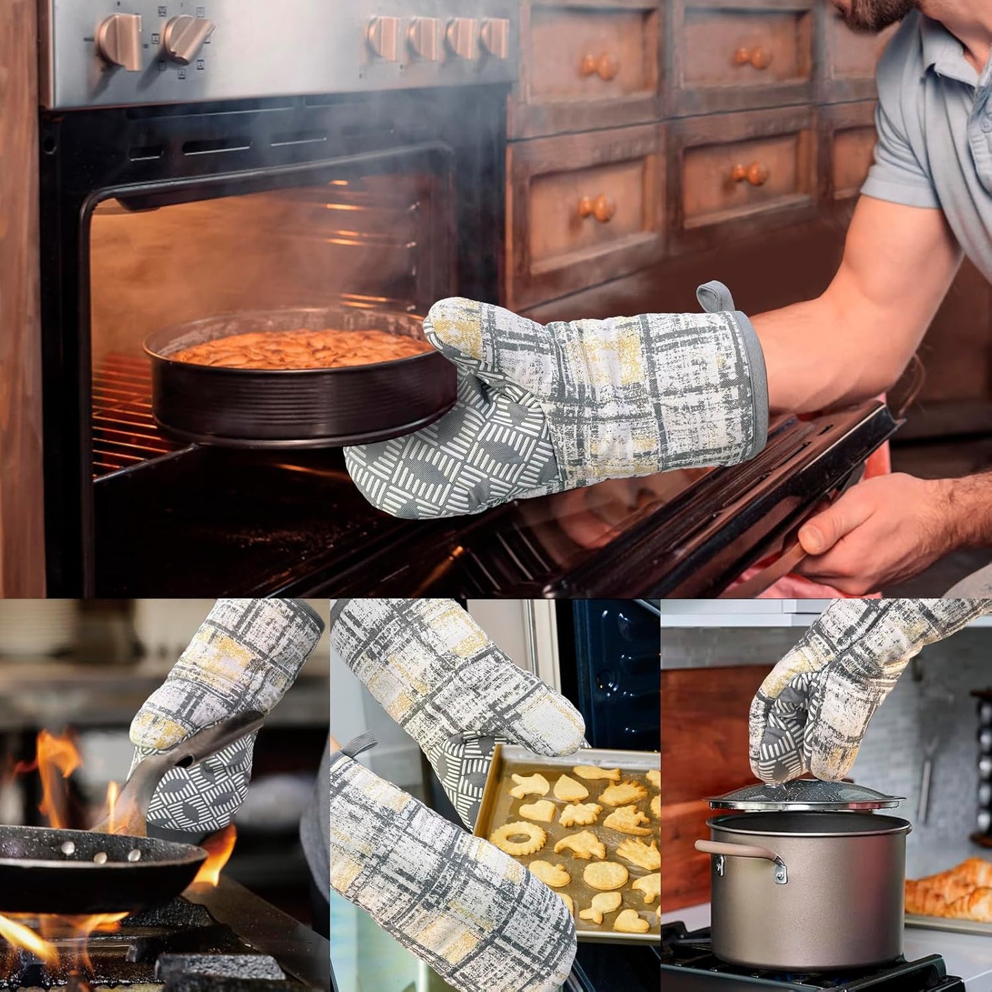 Thumb Oven Mitts, Heat and Slip Resistant Silicone Kitchen Mittens 2-Pack Set, Vintage Plaid Soft Long Oven Gloves, Flexible Thick Potholders for Safe Baking Cooking and Grilling (Vintage Grey)