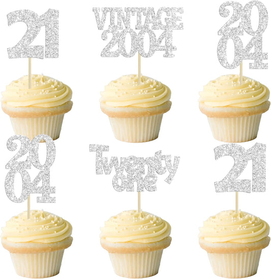 Gyufise 24Pcs 21st Birthday Cupcake Toppers Glitter Twenty-one Vintage 2004 Hello 21 Years Birthday Cupcake Picks Cheers to 21 Cake Decor for Happy 21st Anniversary Party Supplies Silver
