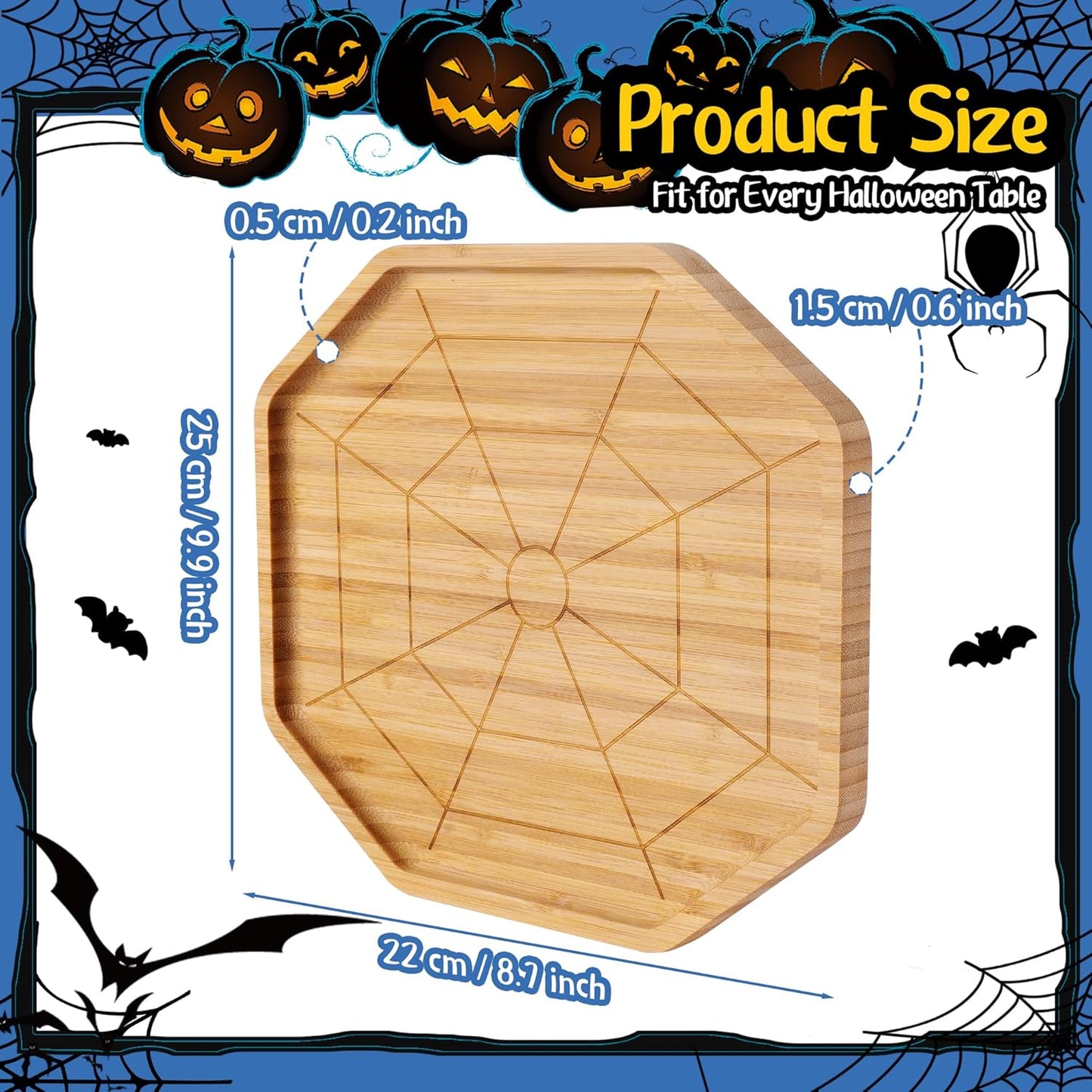 TJ POP Halloween Bamboo Serving Tray - Octagon Spider Web Design Snack Dessert Platter for Candy, Cheese, Natural Wood Appetizer Tray Charcuterie Board for Party, Home Decor & Food Display (10” x 9”)