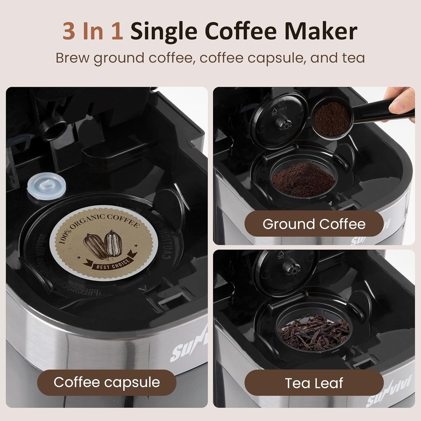 SUNVIVI Iced Coffee Maker, Single Serve Coffee Maker with 3 Brewing Options for K Cup Pod or Ground Coffee, 30oz Removable Water Reservoir & Reusable Filter, Ideal for Home & Office, Black