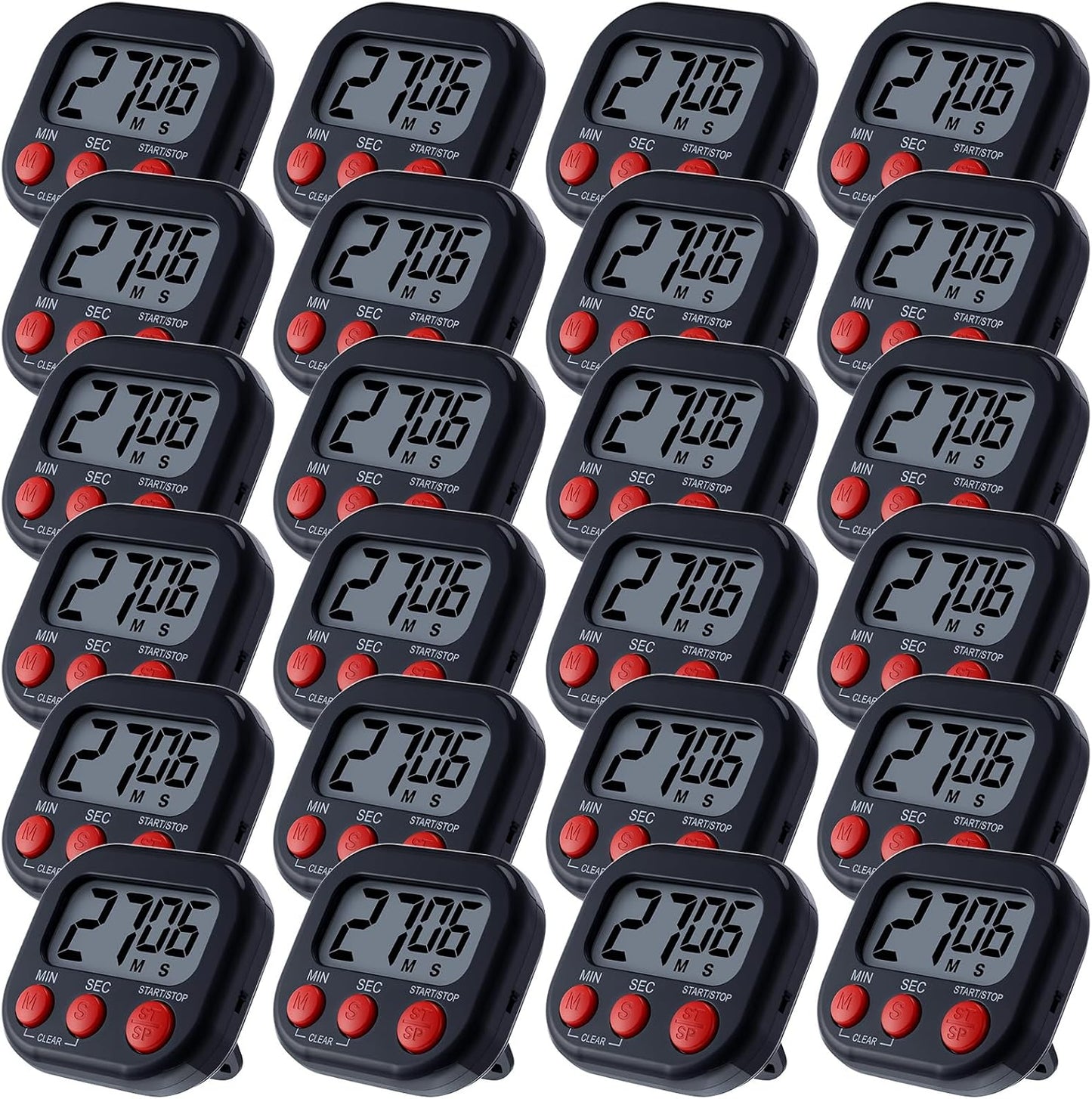 Leumoi 24 Pcs Digital Kitchen Timers Magnetic Back Timers Bulk Large Screen Loud Alarm On/Off Switch Minute Second Count up Countdown Memory Setting for Cooking Classroom Exercise(Black and Red)