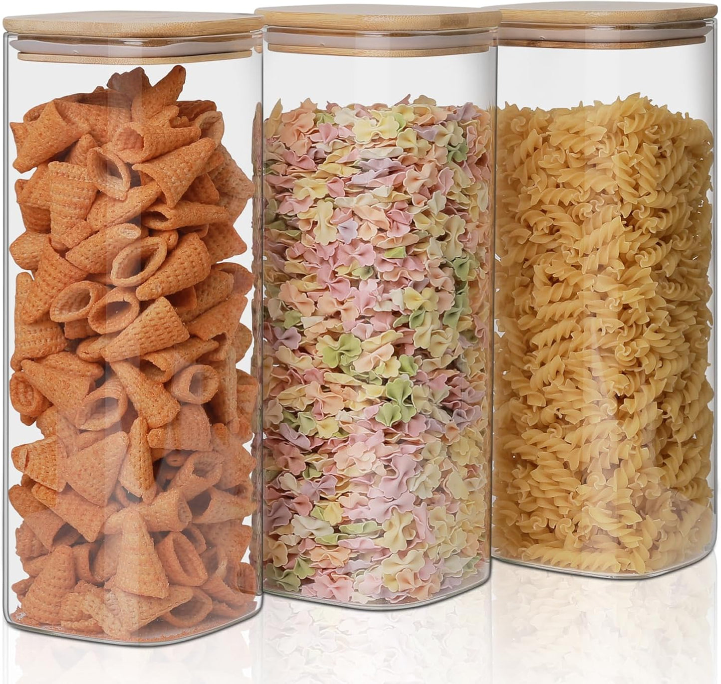 Glass Food Storage Jars 76 oz Set of 3,Glass Storage Containers Clear Glass Food Canister with Bamboo Lid Airtight For Serving Tea, Coffee, Flour, Sugar, Candy, Cookie, Spice and More (Square)