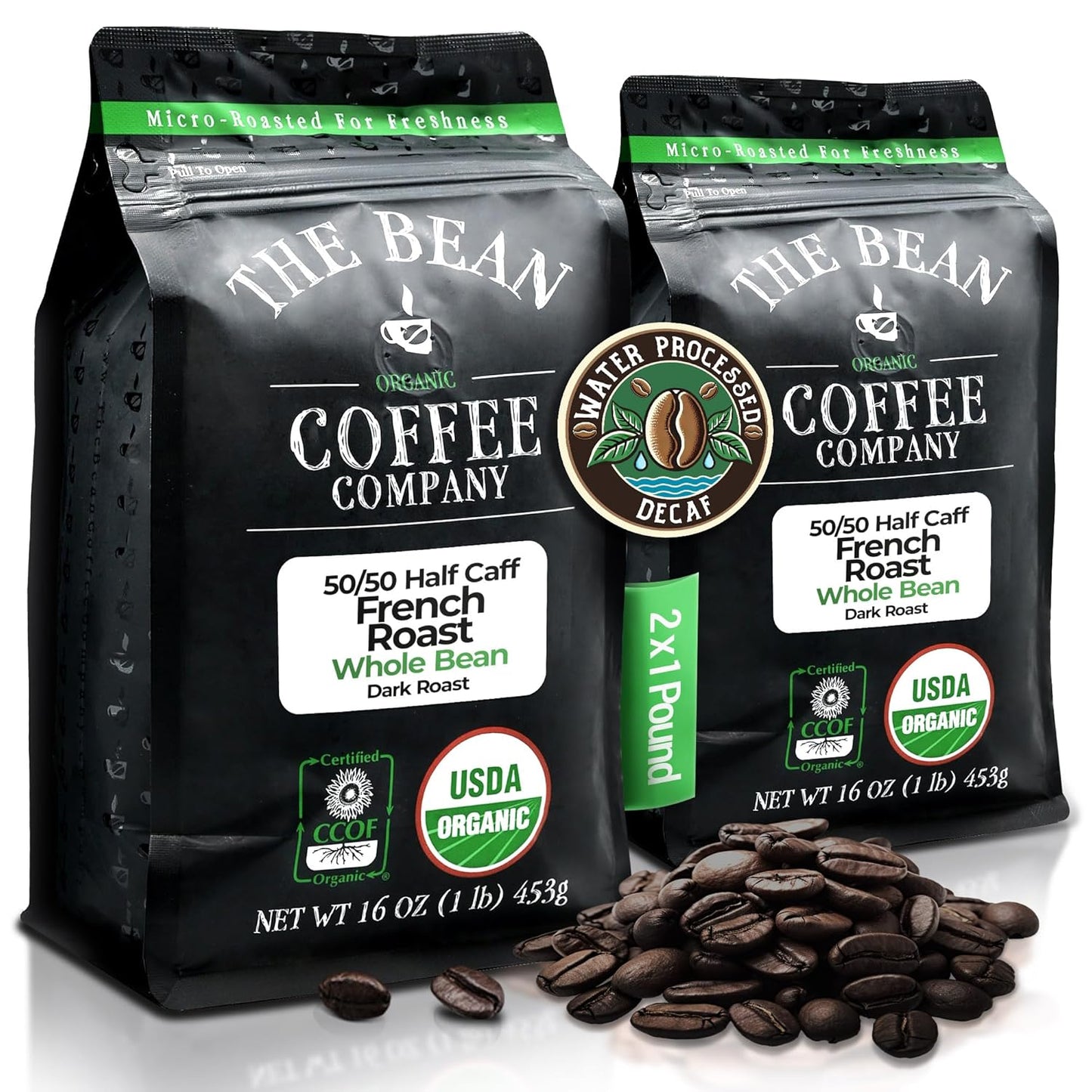 The Bean Organic Coffee Company 50/50 French Roast, 50% Decaf, Dark Roast, Whole Bean Coffee, 16-Ounce Bag (Pack of 2), USDA Organic Certified